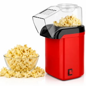 Mini Hot Air Popcorn Maker Machine in red color making fresh oil-free popcorn at home