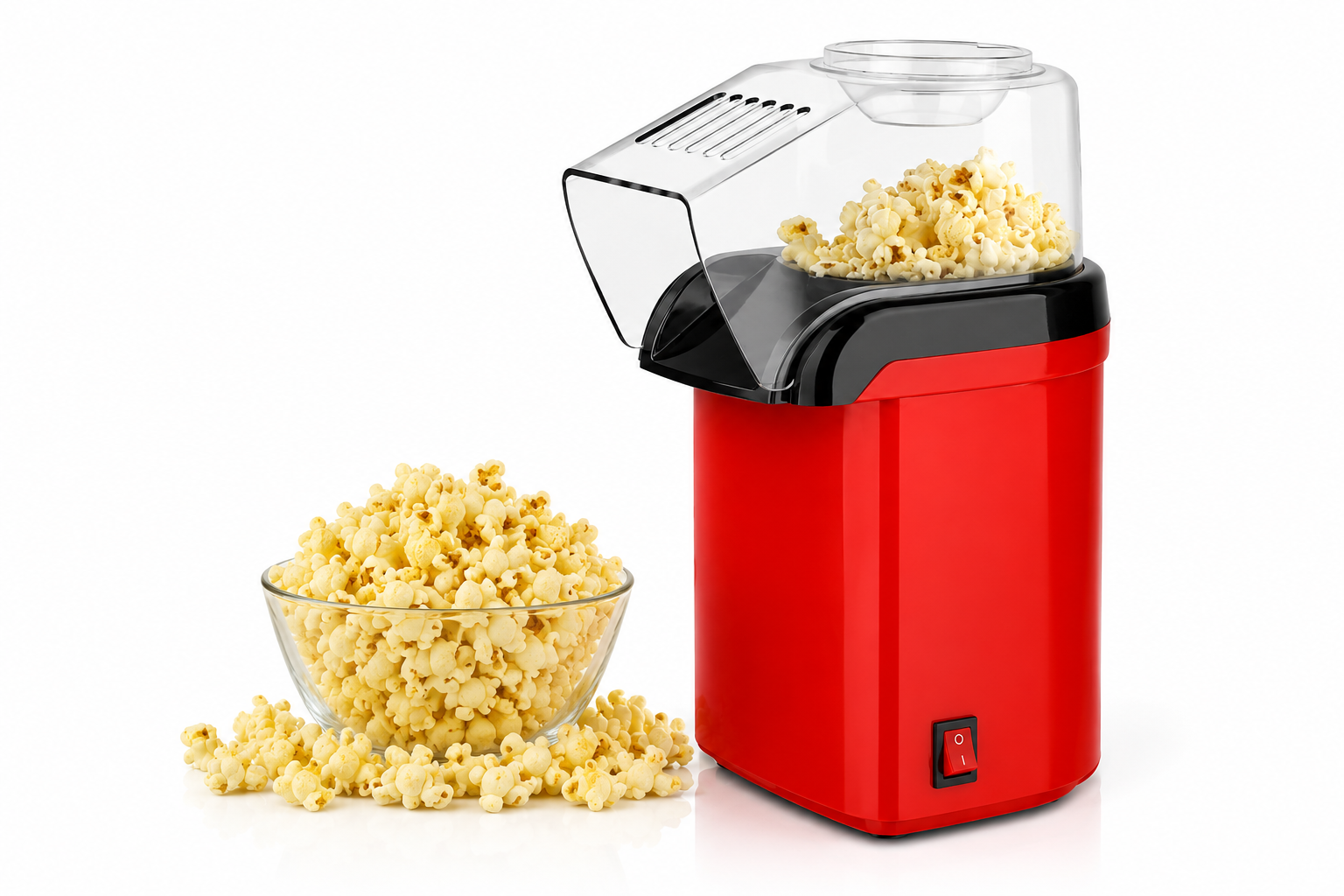 Mini Hot Air Popcorn Maker Machine in red color making fresh oil-free popcorn at home