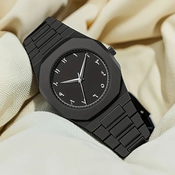 Matte black stainless steel wristwatch with octagonal bezel and Arabic numeral dial
